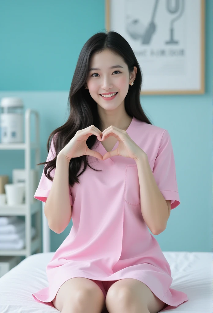 photorealistic, photograph, full body shot, sitting on edge of hospital bed, smiling beautiful Japanese female nurse wearing pink nurse dress making cheek_heart, slim hourglass figure, narrow waist, medium breasts, beautiful detailed face, black hair, pale skin, fair skin, realistic skin, detailed cloth texture, detailed hair texture, Perfect proportion, Anatomically correct, Highly detailed face and skin texture, private modern hospital room, looking at viewer, asian face , perfect anatomy, realistic