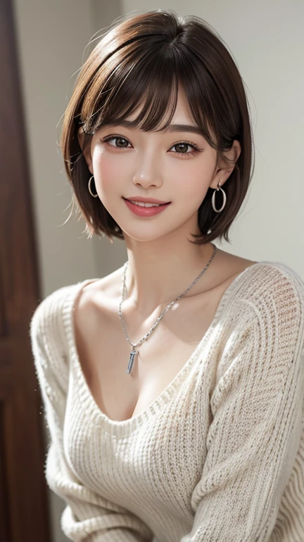 205 ((short hair)), 20-year-old female, In underwear、Put a cardigan over your shoulders、 A refreshing smile、Beautiful teeth alignment、Dark eyeliner、Dark brown hair、ear piercing、Necklace around the neck、Looking at the camera