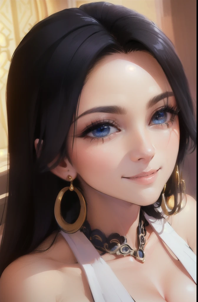 ultra realistic 8k cg, masterpiece, ((ultra detailed background, delicate pattern, intricate detail, highly detailed, fine details best quality, hyperdetailed face)), gigantic breasts ,cleavage, beautiful lighting, absurdres, BoaHancockV2, 1girl, solo, black hair, long hair, jewelry, smiling mouth, ), (arabian dancer outfit,crop top, earrings, blue eyes, complex detailed background, inside, luxury palace), ((cowboy shot)), curvy, clear, very detailed, smooth, sharp focus, focused on the viewer