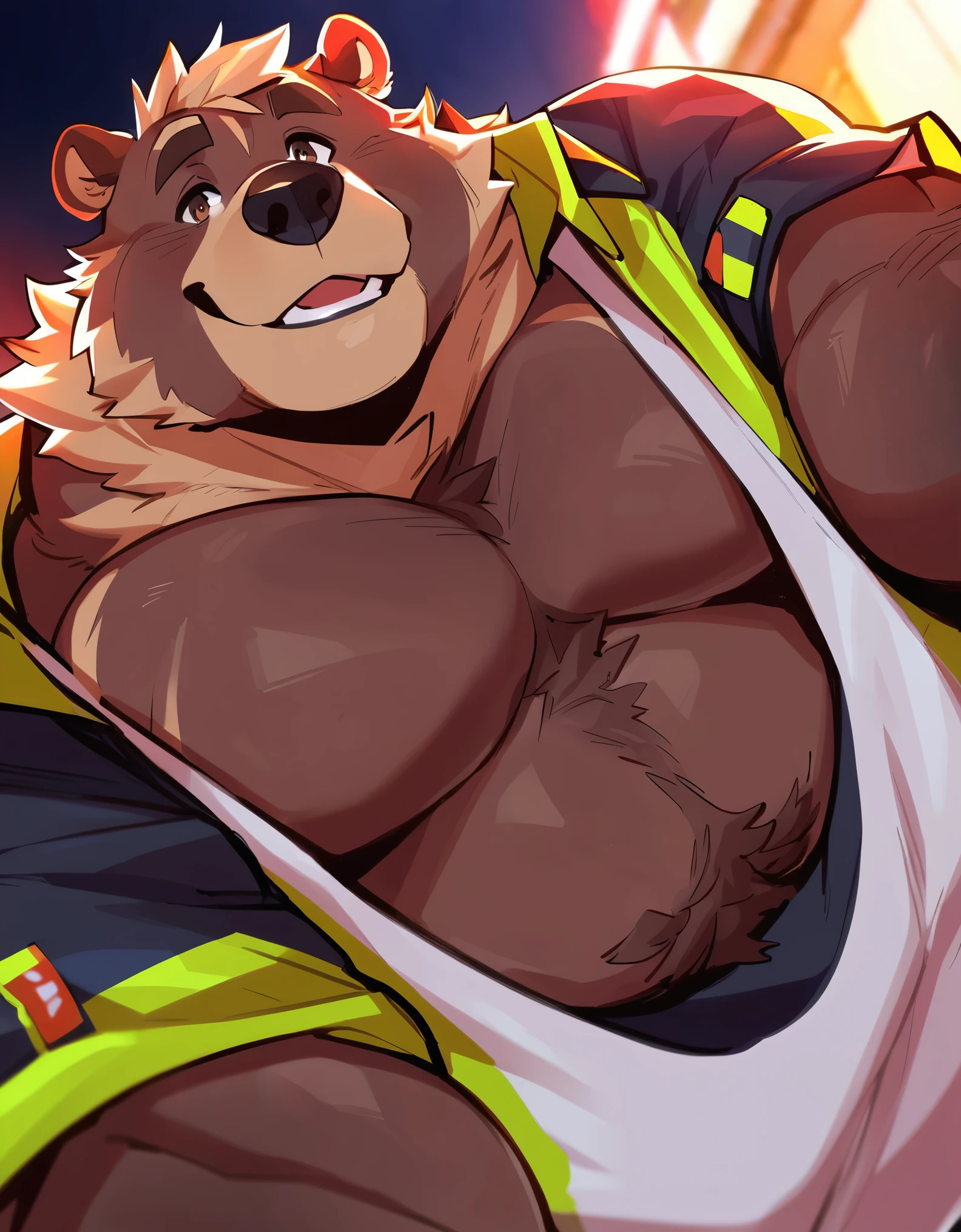 Close-Up Portrait: Excited obese Grizzly Bear flatbed-Driver; showing off his chartreuse safety shirt/uniform and charming smile;  grand stature; Gray/Brown fur,, sparkling dark-brown Eyes, large smoothed muscles, Detailed body fur, burly huge stature; masterpiece, Anime Style, Two-tone body fur, brown body hair, clear blond body hair; hard bulky; Detailed face, Thin eyebrows, Fine grain, thick jaw, Detailed body, neon ultraviolet darkness, Detailed hands, Shining Body, Shiny body, Motion Blur, Dynamic Angle, looking at viewer, close-up OP-POV looking up; by FTGBear;