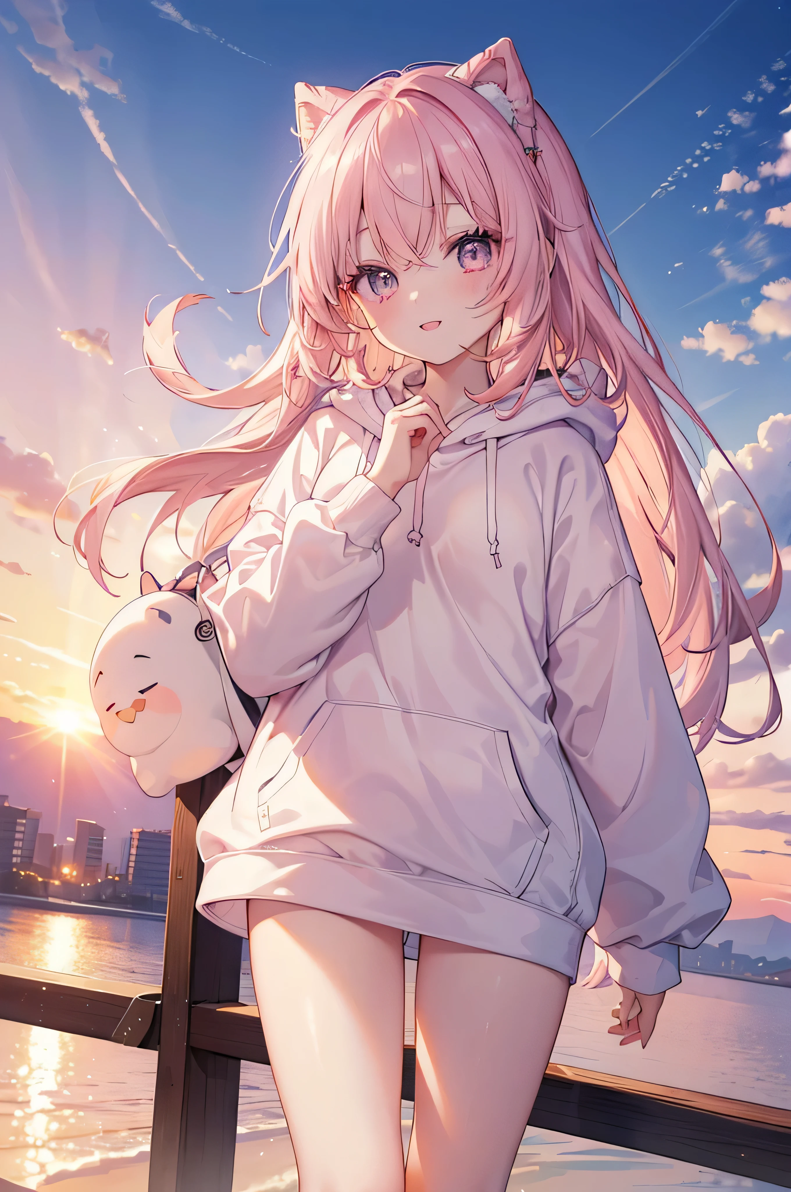 (((Highest quality、masterpiece、Ultra-fine、Ultra-fine、Exquisite、Oversized hoodie,16k,cute,Delicate eyes,Delicate hands,Full HD,))), (Angle from below,Oversized hoodie,The best smile,),((One person,cute,Long eyelashes、White skin、)), (Pale pink lips、Pale pink cheeks、Thin and long)、(One person) 、(Orange-hued sunset)