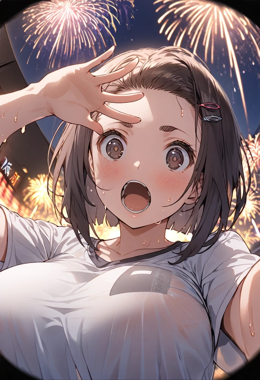 One Girl、(white shirt)、One Curl Bob Cut, Highest quality、Black Hair、Sweaty body、Big Breasts、Surprised、hairpin、View from below、expose one's cleavage、(Show your forehead)、(Fisheye lens effect:1.3)、(Girls pop out of the screen:1.5)、(fireworks display)、(meteor shower)、(pass through the screen:1.3)、sea、forward inclination