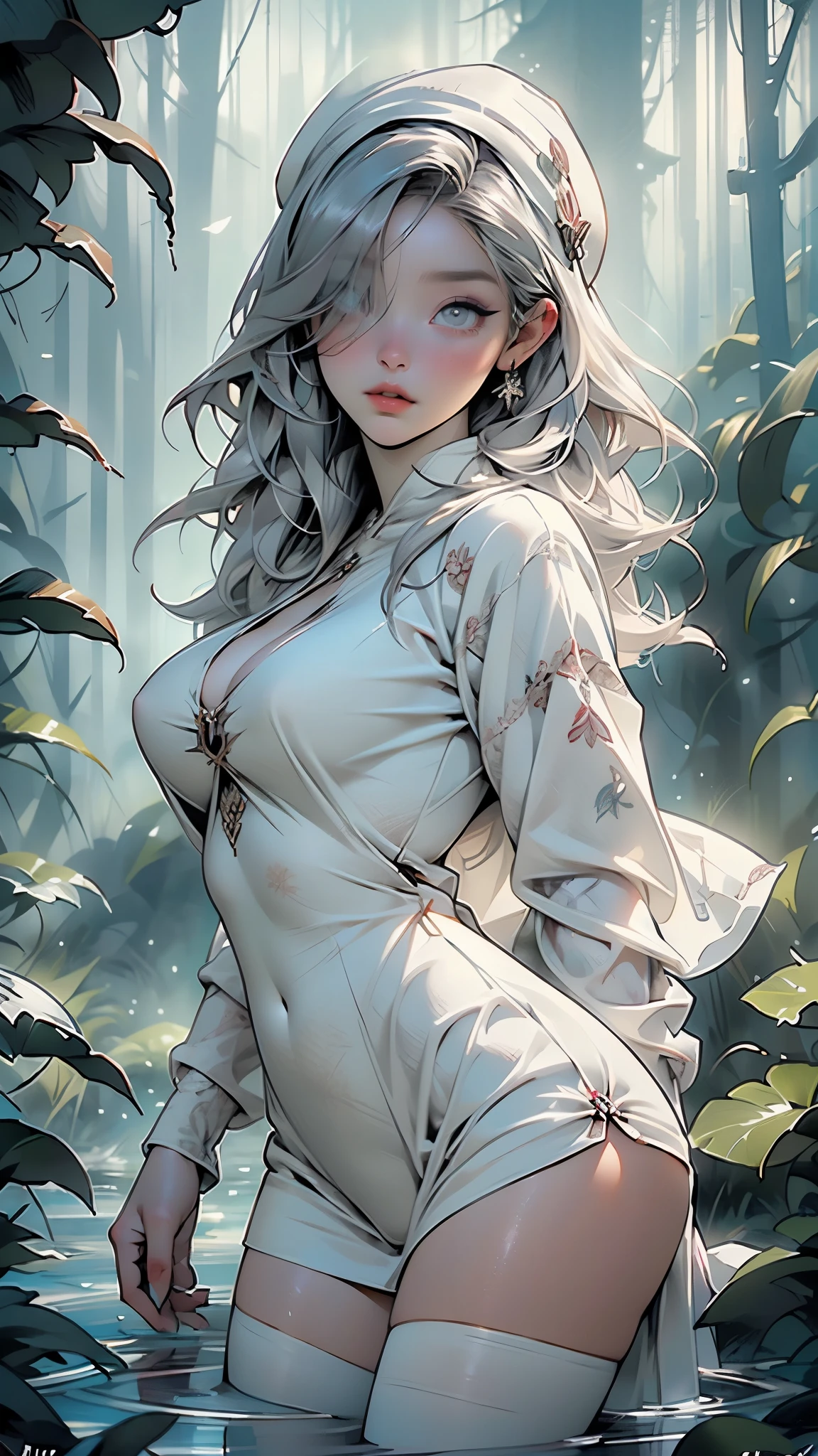 Realistic medium, Grade high resolution, 1 girl, White wavy hair, Asian female, small mole under eyes, Long white dress, Large breasts,