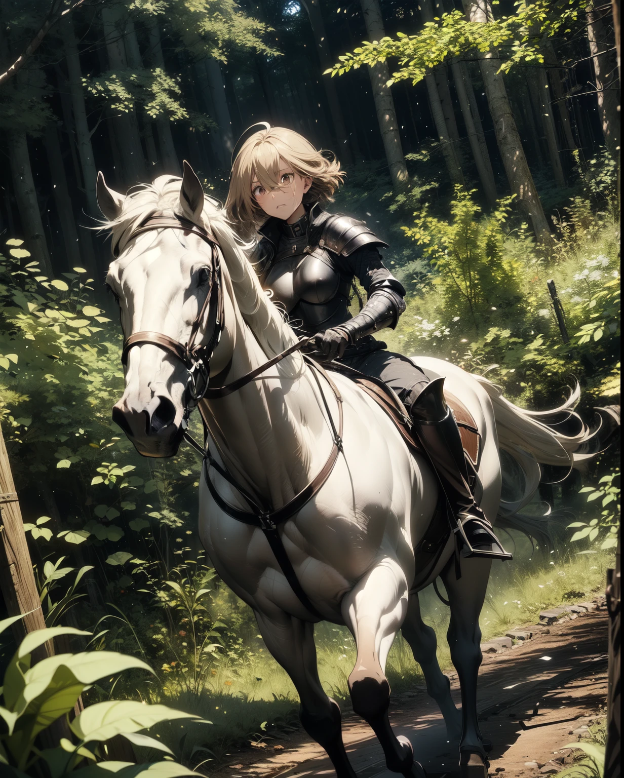 ((best quality)), ((anime masterpiece)), (high detailed), 8k, cinematic lighting, perfect face, panic face, a young female knight riding a HORSE, (brown eyes, pixie cut, hair between eyes, {brunnette}, large breast), (brown armor, bare leg, black gloves, greaves), (brown horse, saddle, reins, bridle, stir ups), burning woods, fire forest, night time, smokes, solo, medieval, both hand holding rein, from side: 1.2, anatomically correct 