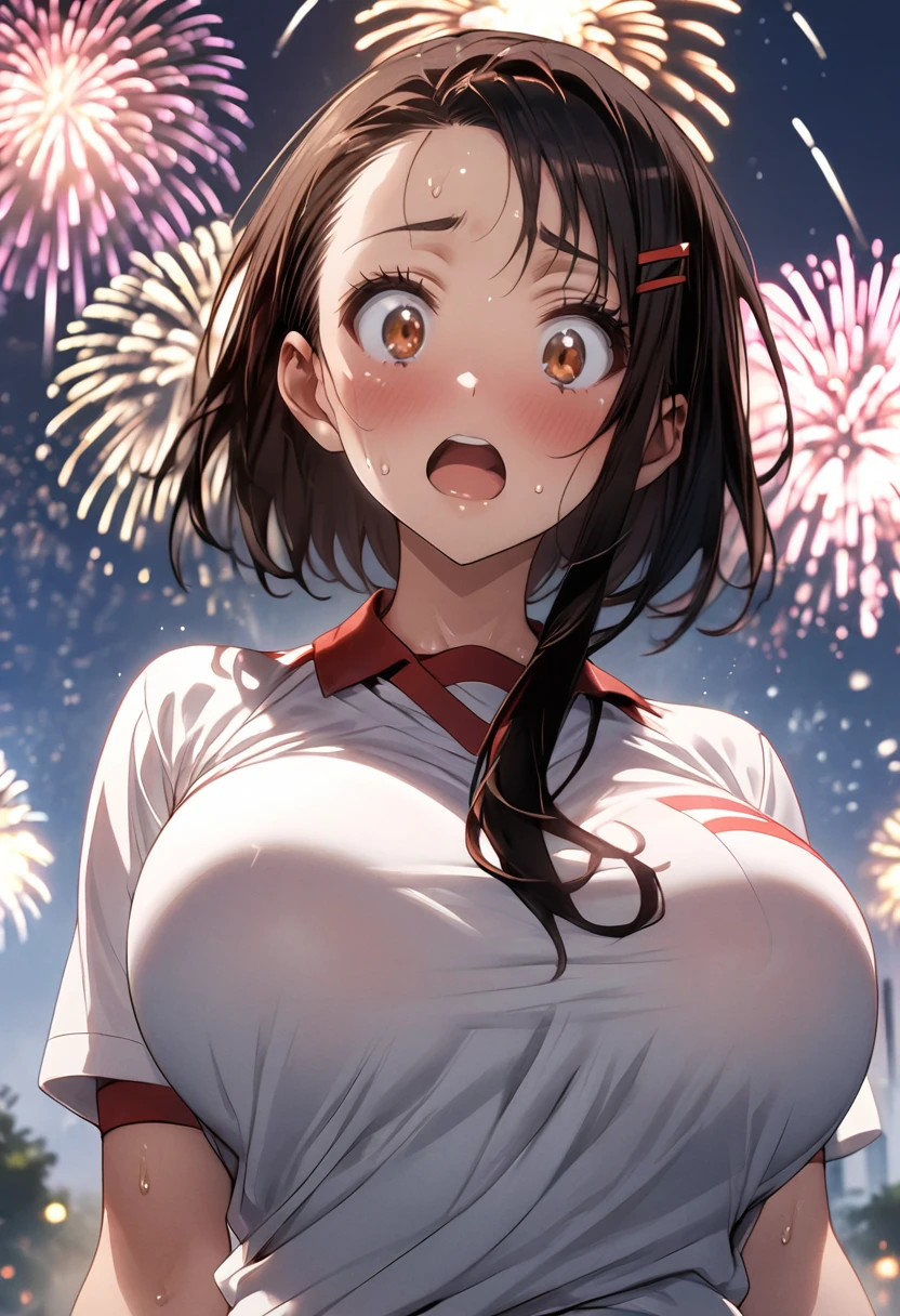 One Girl、White gym clothes、One Curl Bob Cut, Highest quality、Black Hair、Sweaty body、Obscene sound effects、Japanese Moans、Big Breasts、Surprised、(Show your forehead)、hairpin、meteor shower、night sky、(fly in the air)、View from below、(fireworks display)