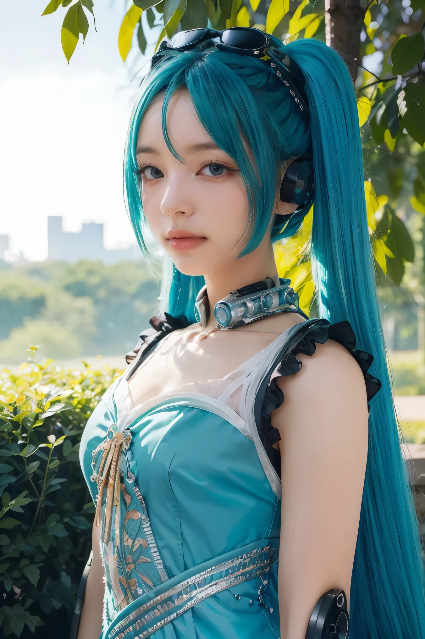 (masterpiece, best quality:1.4), high detail, detailed background,dramatic lighting, 1girl, cute, (vocaloid), ((Hatsune Miku)), ((blue teal hair)), (long hair), (pastel colors:0.9), (blue beautiful eyes), (gradient hair), (gradient eyes), (((masterpiece, best quality, volumetric lighting, dynamic pose, intricately detailed face))), ((perfect eyes)), (((looking at the viewer))), ((summer)), ((perfect details)), ((light particles)), ((scenery)), ((Garden)), ((illustration, aesthetic)), flowers covering one eye, ((robotic dress)),