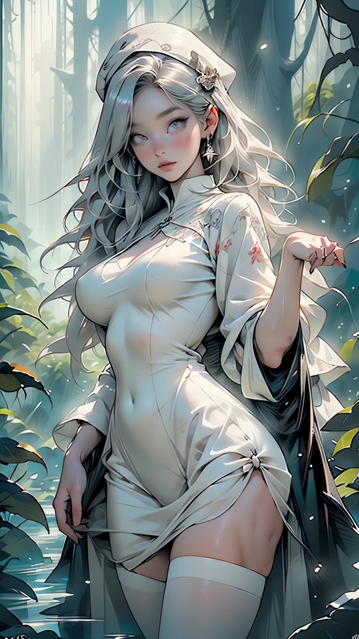 dragon girl, girl anthropomorphized into dragon, human forms with dragon features, shape-shifting girl, , attractive and mysterious girl. lips with intense red lipstick, confident expression. green eyes, Detailed eyes, human face, female face, very beautiful face, perfect eyes, clear skin, soft skin, white hair, very long hair, very beautiful hair, Perfect Body, fitness body, spider bottom part abdomen, thin waist, wide , thick legs. Environment: Japan was Edo, feudal Japan, kabuki style, Samurai, large sakura flowers, Sakura petals falling, Silks, Japanese Dragons, Japanese lights, Geishas, katanas, Kanabo, Japanese architecture, Bamboos, realistic looking paintings. Vibrant colors, Warm colors. Posing: standing on the roof of a Japanese castle, (Japanese architecture), , (nude)(pubic hair), crescent moon in the background 🌙, body illuminated by the moon.[(((nsfw: 1.5),(: 1.5)))]