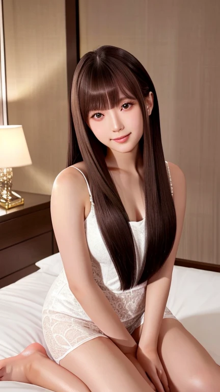 Product quality, One girl per photo, Full Body Shot, Front View, Cute young Japanese girl with long bob hair, sitting alone on a silk bed in front of a Beautiful night view with a big smile in a room of a luxury hotel in the night, Wet body, Beautiful night view, Long satin light pink chemise with lace, Super cute face, Glossy lips, Double eyelids on both eyes, Natural Makeup, shiny smooth light brown hair of 長いボブヘア, Asymmetrical bangs, High resolution, Attention to detail, Detailed hairstyle, Detailed face, Cinema Lighting, Octane Rendering, Ultra-realistic, Perfect limbs, Perfect Anatomy