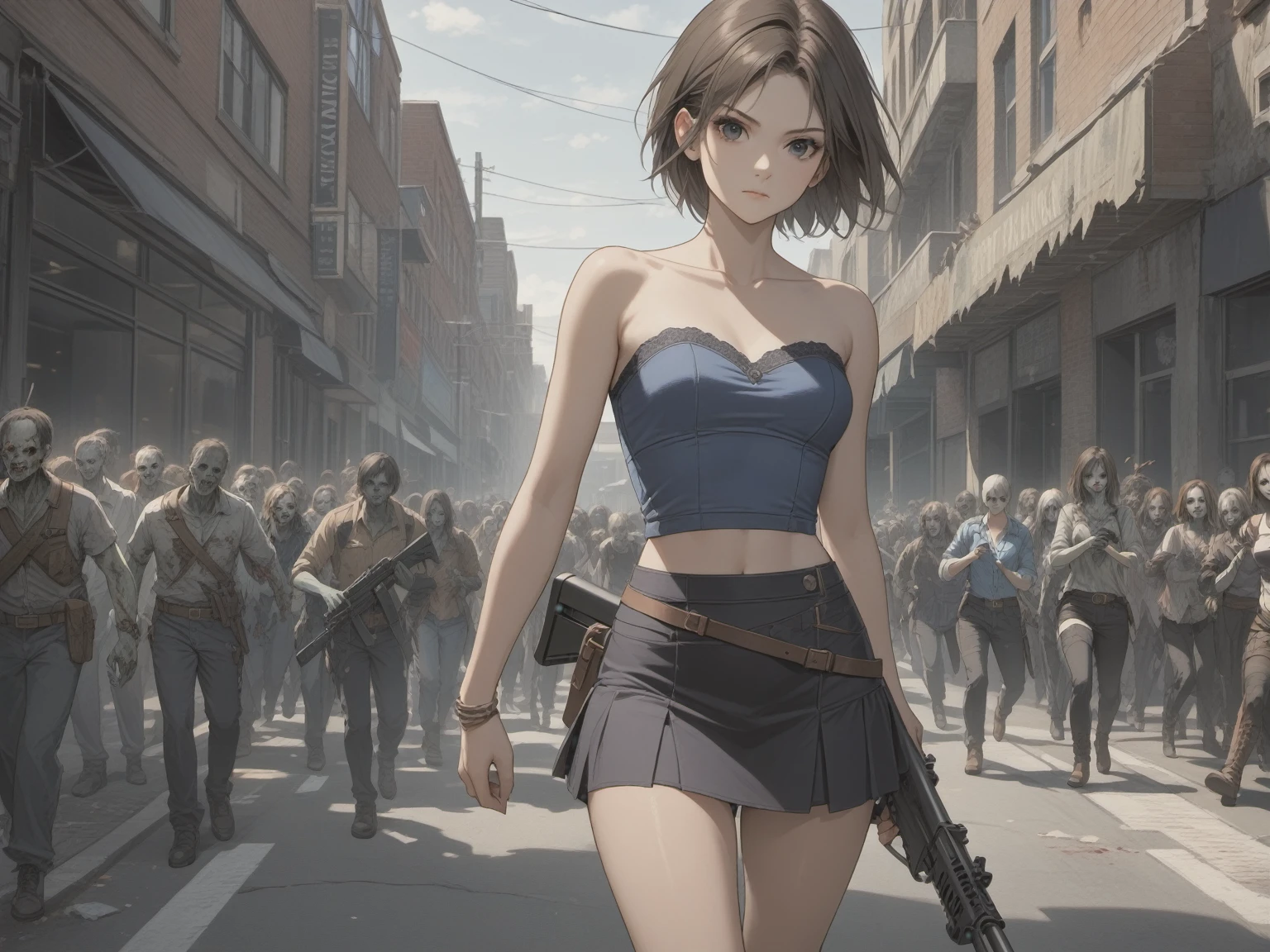 (((Adult woman)): (small black skirt, strapless blue top, Black eyes, showing the whole body, brown skin, ((Black short hair)), High heel Beige boots. Closed mouth)); full body shot, Runing in street, apocalipse background. High quality. 4k, 8k, many details. Masterpiece, accurate, anatomically correct, posing, detailed background, better quality, original work Focus on details, Jill Valentine, zombies around, Undead people around, Front view, nightmare, machinegun