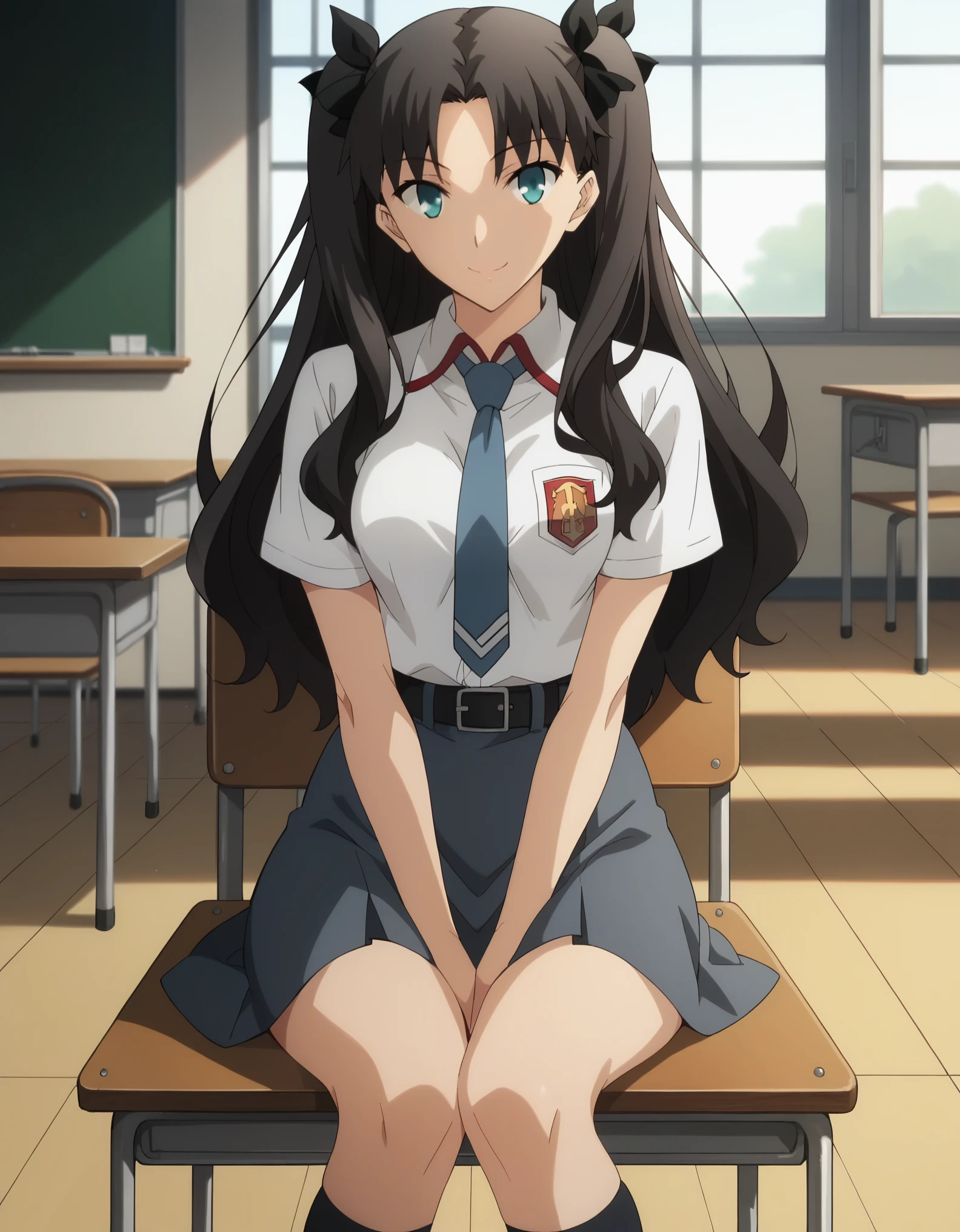 score_9, score_8_up, score_7_up, solo,1girl,rin tohsaka, aqua eyes, black hair, hair ribbon, long hair, ribbon, sidelocks, two side up, parted bangs, medium breasts, tucked in sma shirt, sma necktie, sma belt, sma skirt, sma shirt, sma skirt, inside classroom, white board, chair, tables thighs, looking at viewer, smile, sunligth, sit on chair, socks, shoes, hands between thighs, anime screencrap, dutch shot