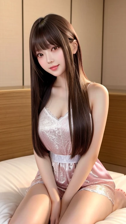 Product quality, One girl per photo, Full Body Shot, Front View, Cute young Japanese girl with long bob hair, sitting alone on a silk bed in front of a Beautiful night view with a big smile in a room of a luxury hotel in the night, Wet body, Beautiful night view, Long satin light pink chemise with lace, Super cute face, Glossy lips, Double eyelids on both eyes, Natural Makeup, shiny smooth light brown hair of 長いボブヘア, Asymmetrical bangs, High resolution, Attention to detail, Detailed hairstyle, Detailed face, Cinema Lighting, Octane Rendering, Ultra-realistic, Perfect limbs, Perfect Anatomy