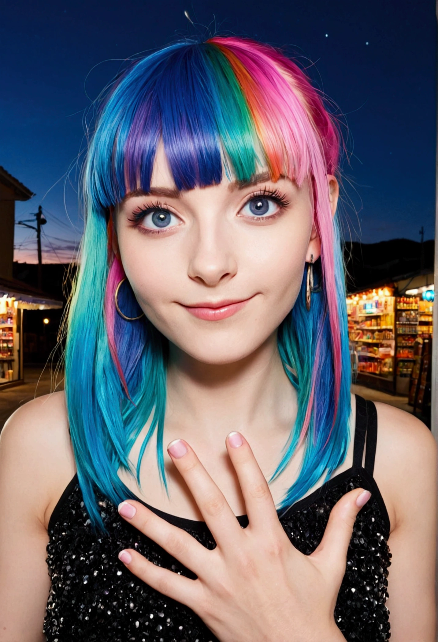 (masterpiece), (((Best Quality)), (Very detailed), 1 girl, (Rainbow Hair, Colorful Hair, Half Blue、Half pink hair: 1.2), , (yukina: 1.2), Outdoor, bangs, smile, Sky blue eyes, Perfect hands, Perfect hands, Hand Detail, Modified fingers. Earrings, Night Store + background, Looking_in_Viewers, Cowboy Shot, Best Quality, Rich details, Perfect image quality,