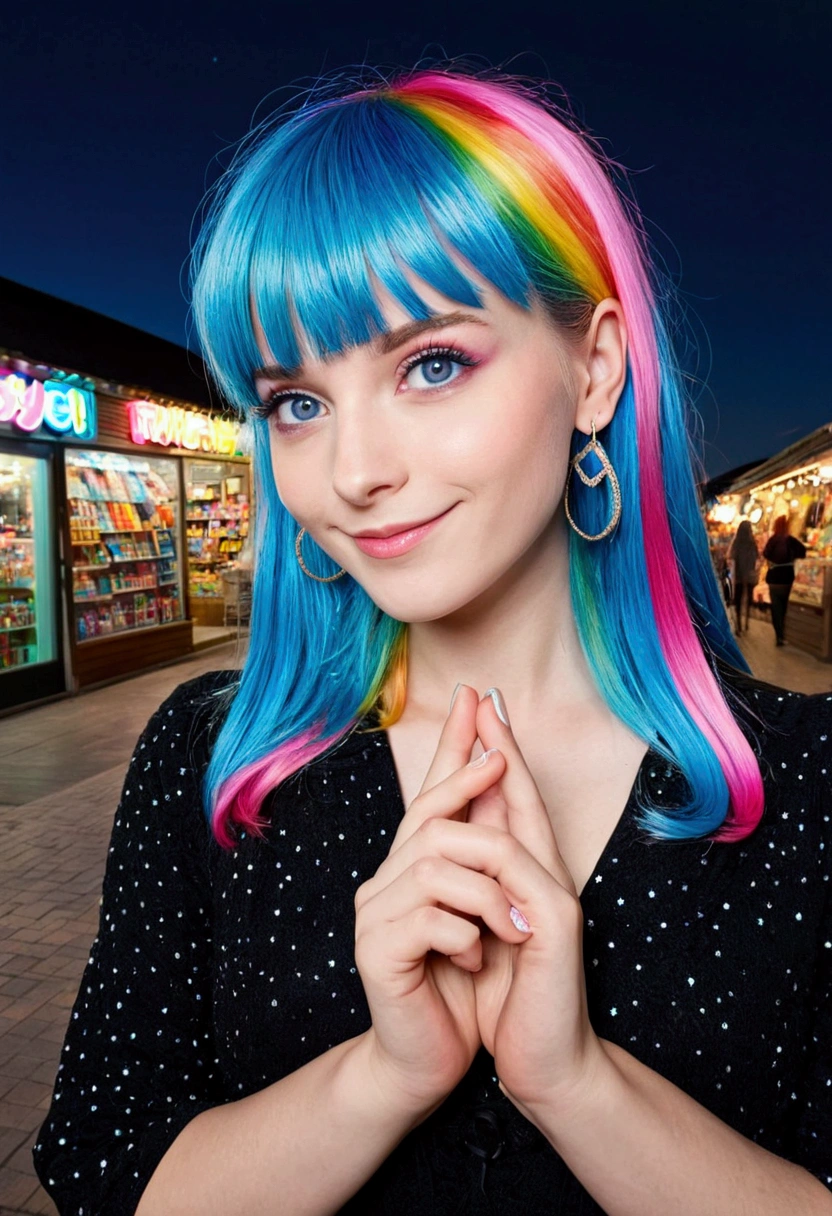 (masterpiece), (((Best Quality)), (Very detailed), 1 girl, (Rainbow Hair, Colorful Hair, Half Blue、Half pink hair: 1.2), , (yukina: 1.2), Outdoor, bangs, smile, Sky blue eyes, Perfect hands, Perfect hands, Hand Detail, Modified fingers. Earrings, Night Store + background, Looking_in_Viewers, Cowboy Shot, Best Quality, Rich details, Perfect image quality,