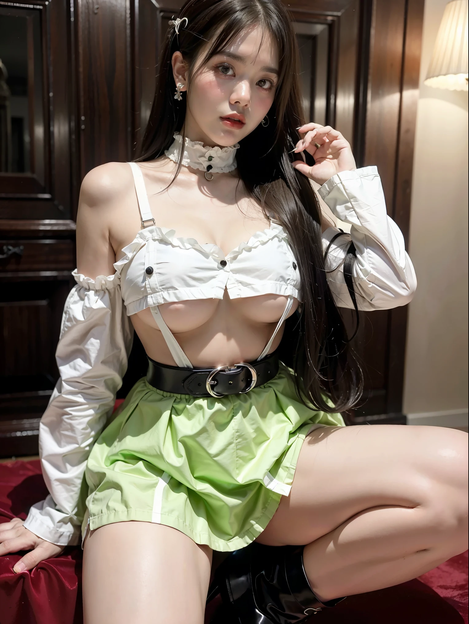 Lisa long hair, Lisa face shape, black suspender undershirt (long sleeves, bare shoulders, open waist), white miniskirt, belt at waist, light green high boots, sexy, open waist, long legs, rich details, masterpiece, superlative, realistic, HD, photographic lighting, 16k