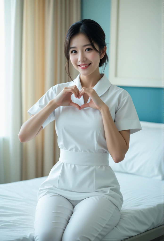  photorealistic, photograph, full body shot, sitting on edge of hospital bed, smiling beautiful Japanese female nurse making cheek_heart, slim hourglass figure, narrow waist, medium breasts, beautiful detailed face, black chignon hair, pale skin, fair skin, realistic skin, detailed cloth texture, detailed hair texture, Perfect proportion, Anatomically correct, Highly detailed face and skin texture, private modern hospital room, looking at viewer, asian face , perfect anatomy, realistic,