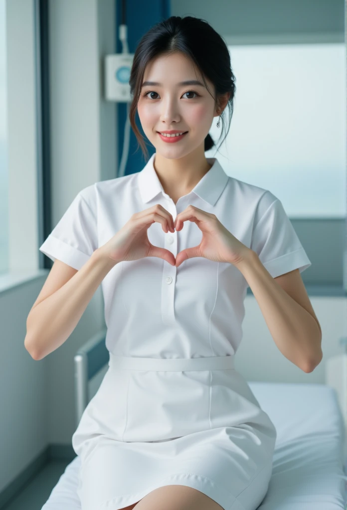  photorealistic, photograph, full body shot, sitting on edge of hospital bed, smiling beautiful Japanese female nurse making cheek_heart, slim hourglass figure, narrow waist, medium breasts, beautiful detailed face, black chignon hair, pale skin, fair skin, realistic skin, detailed cloth texture, detailed hair texture, Perfect proportion, Anatomically correct, Highly detailed face and skin texture, private modern hospital room, looking at viewer, asian face , perfect anatomy, realistic,