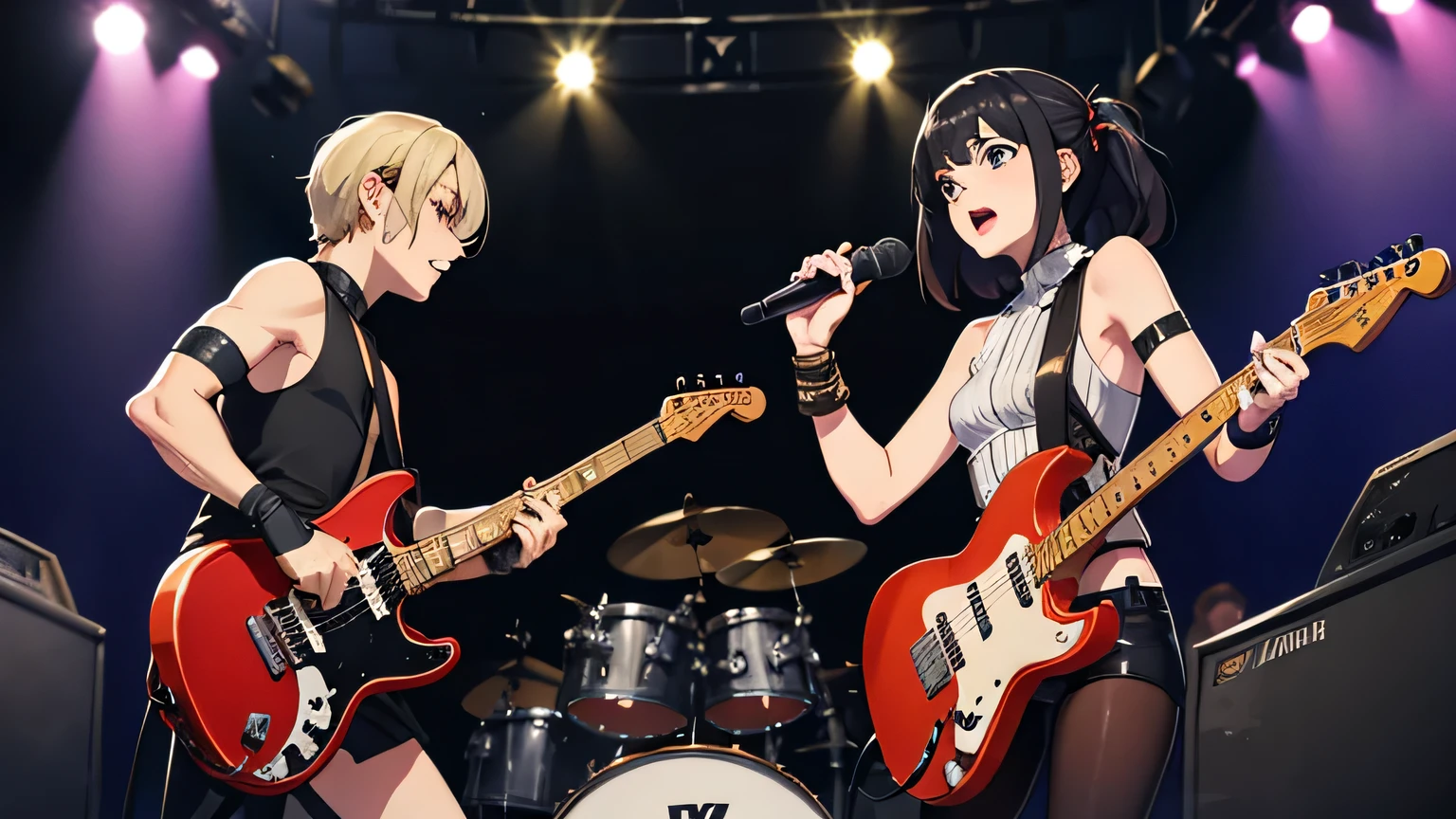 masterpiece、top-quality、hight resolution、High-quality images、8K.2females、duo、skin gloss、Texture of skin and clothing、the detail、Detailed eye expression、Lustrous hair、Two platinum blonde short hair and long black hair、portlate、rock band、vocalist&guitarrist、Superstar、spot light、Red and black leather stage costume、Hot、Two people singing enthusiastically、