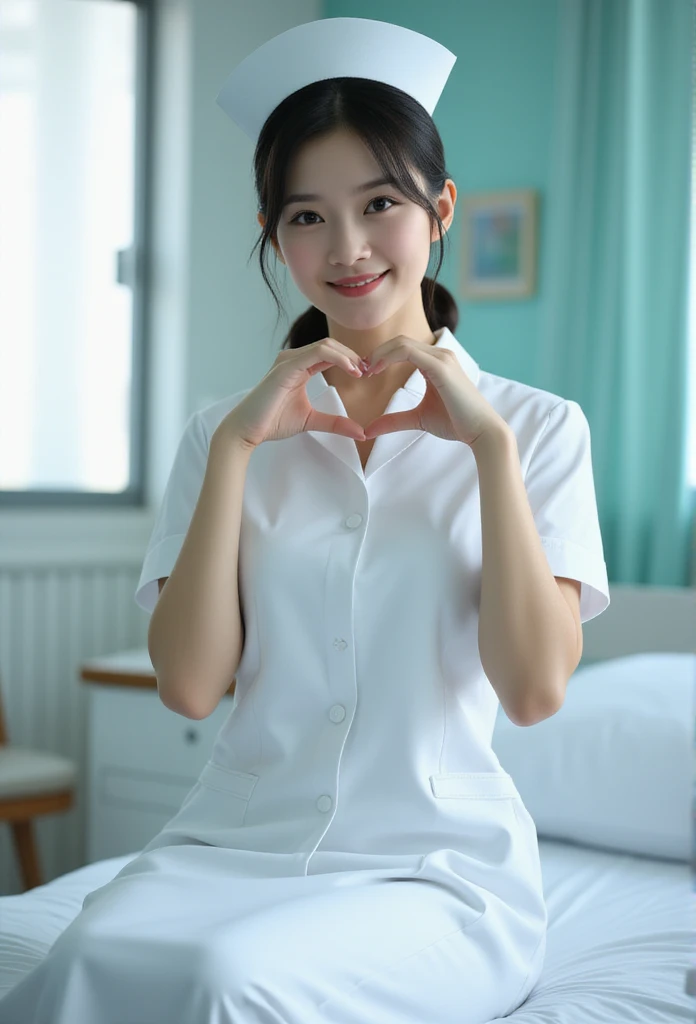 photorealistic, photograph, full body shot, sitting on edge of hospital bed, smiling beautiful Japanese female nurse making cheek_heart, slim hourglass figure, narrow waist, medium breasts, beautiful detailed face, black chignon hair, pale skin, fair skin, realistic skin, detailed cloth texture, detailed hair texture, Perfect proportion, Anatomically correct, Highly detailed face and skin texture, private modern hospital room, looking at viewer, asian face , perfect anatomy, realistic,