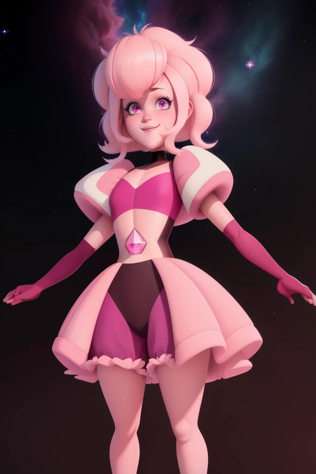 pnkdamond, pink hair, Pink eyes,  long hair,  stomach gem,  pink skin,  toned, 
puffy short sleeves, elbow gloves ,  white thighs,   Puffy Dress, 
standing, upper body, 
 outer space,  
(incredibly detailed, beautiful detailed face,beautiful detailed eyes, masterpiece, best quality) Cinematic lighting,  smile, 
 