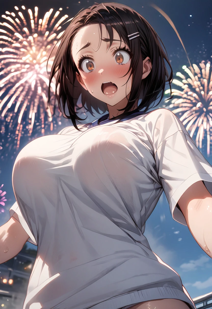 One Girl、White gym clothes、One Curl Bob Cut, Highest quality、Black Hair、Sweaty body、Obscene sound effects、Japanese Moans、Big Breasts、Surprised、(Show your forehead)、hairpin、meteor shower、night sky、(fly in the air)、View from below、(fireworks display)