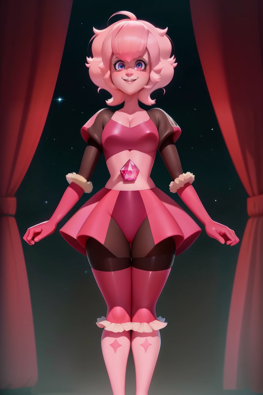 pnkdamond, pink hair, Pink eyes,  long hair,  stomach gem,  pink skin,  toned, 
puffy short sleeves, elbow gloves ,  white thighs,   Puffy Dress, 
standing, upper body, 
 outer space,  
(incredibly detailed, beautiful detailed face,beautiful detailed eyes, masterpiece, best quality) Cinematic lighting,  smile, 
 