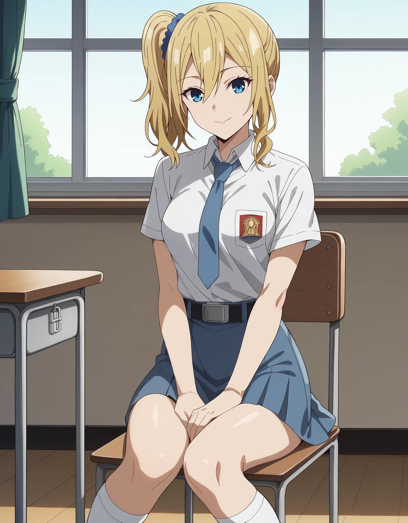 score_9, score_8_up, score_7_up, solo,1girl,ai hayasaka, bangs, blue eyes, blonde hair, hair ornament, hair between eyes, sidelocks, side ponytail, scrunchie, hair scrunchie, blue scrunchie, medium breasts, tucked in sma shirt, sma necktie, sma belt, sma skirt, sma shirt, sma skirt, inside classroom, windows, chair, tables thighs, looking at viewer, smile, sunligth, sit on chair, socks, hands between thighs, anime screencrap, dutch shot