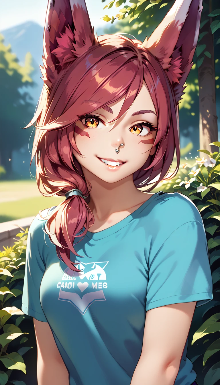 score_9, score_8_up, score_7_up, 1girl, ChiguchiMP, masterpiece, best quality, ultra high res, smiling, happy, (detailed eyes:1.2), Xayah,t-shirt,  animal ears, yellow eyes, pierced nose, casual clothes, portrait, stunning, hair over shoulder, hoodless, beautiful, 4