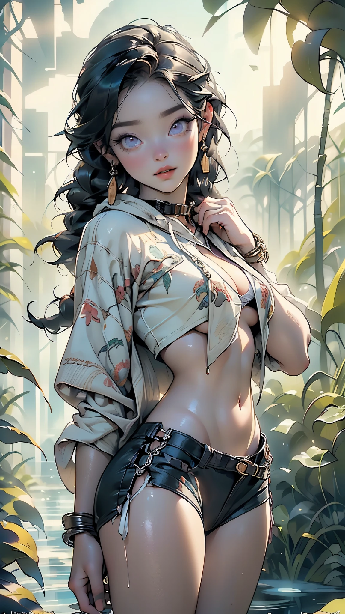 Cowgirl Goddess Beautiful Woman: Named Clarissa, appearing around 40 years old, depicted in an oil painting style. She has long black hair, very large breasts, and is wearing a cow-patterned crop top, She has a perfect face with black eyes, and a large butt. She is standing in a lush green meadow, exuding a serene yet captivating presence. The image should be highly detailed, 8k resolution, and capture the essence of a masterpiece, set in a picturesque and tranquil landscape.