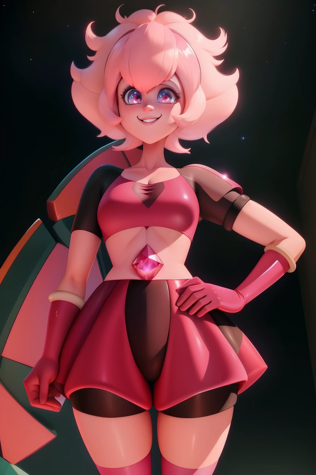 pnkdamond, pink hair, Pink eyes,  long hair,  stomach gem,  pink skin,  toned, 
puffy short sleeves, elbow gloves ,  white thighs,   Puffy Dress, 
standing, upper body, 
 outer space,  
(incredibly detailed, beautiful detailed face,beautiful detailed eyes, masterpiece, best quality) Cinematic lighting,  smile, 
 