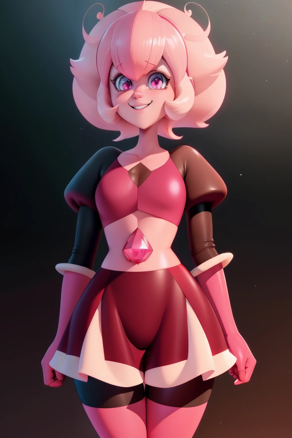 pnkdamond, pink hair, Pink eyes,  long hair,  stomach gem,  pink skin,  toned, 
puffy short sleeves, elbow gloves ,  white thighs,   Puffy Dress, 
standing, upper body, 
 outer space,  
(incredibly detailed, beautiful detailed face,beautiful detailed eyes, masterpiece, best quality) Cinematic lighting,  smile, 
 