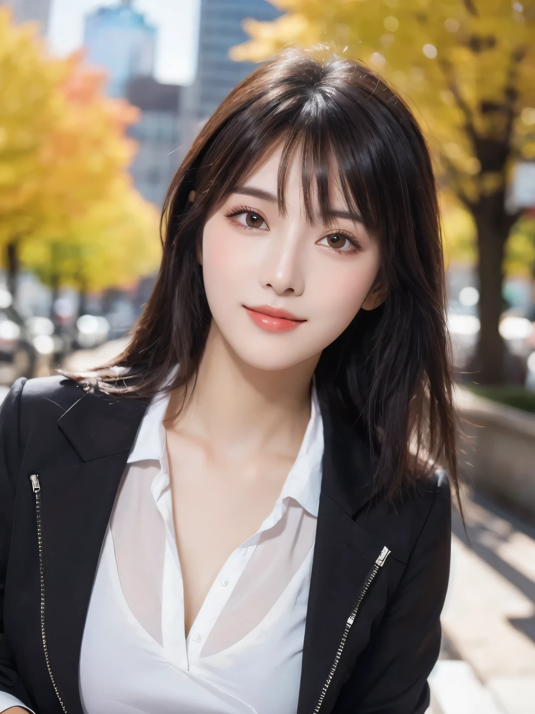(8k, RAW Photo, Best Quality, Masterpiece:1.2), table top, Ultra Detail, Super Resolution, (Realistic, Realistic Photo:1.37), Portrait, High Detail RAW Color Photo, Professional Photo, Extremely Detailed and Beautiful, Extremely detailed, 8k wallpaper, amazing and detailed, huge file size, official art, highly detailed CG unity 8k wallpaper, highly detailed beautiful girl, highly detailed face, highly detailed eyes, highly detailed skin, highly detailed fingers, highly detailed nose, very detailed detailed mouth , perfect anatomy, highly detailed background, highly detailed clothes, (1 girl in), cute girl, realistic body, fair skin, glowing skin , slim body, handsome body, black hair , semilong hair, (blunt bangs:1.2), smile, cute, youthful, cute face, realistic face, delicate eyes, drooping eyes, looking at viewer, facing front, standing posture, Contraposto, (large breasts), (Perfect Body Proportions), (slender Body Proportions), super sexy pose, (early fall fashion),