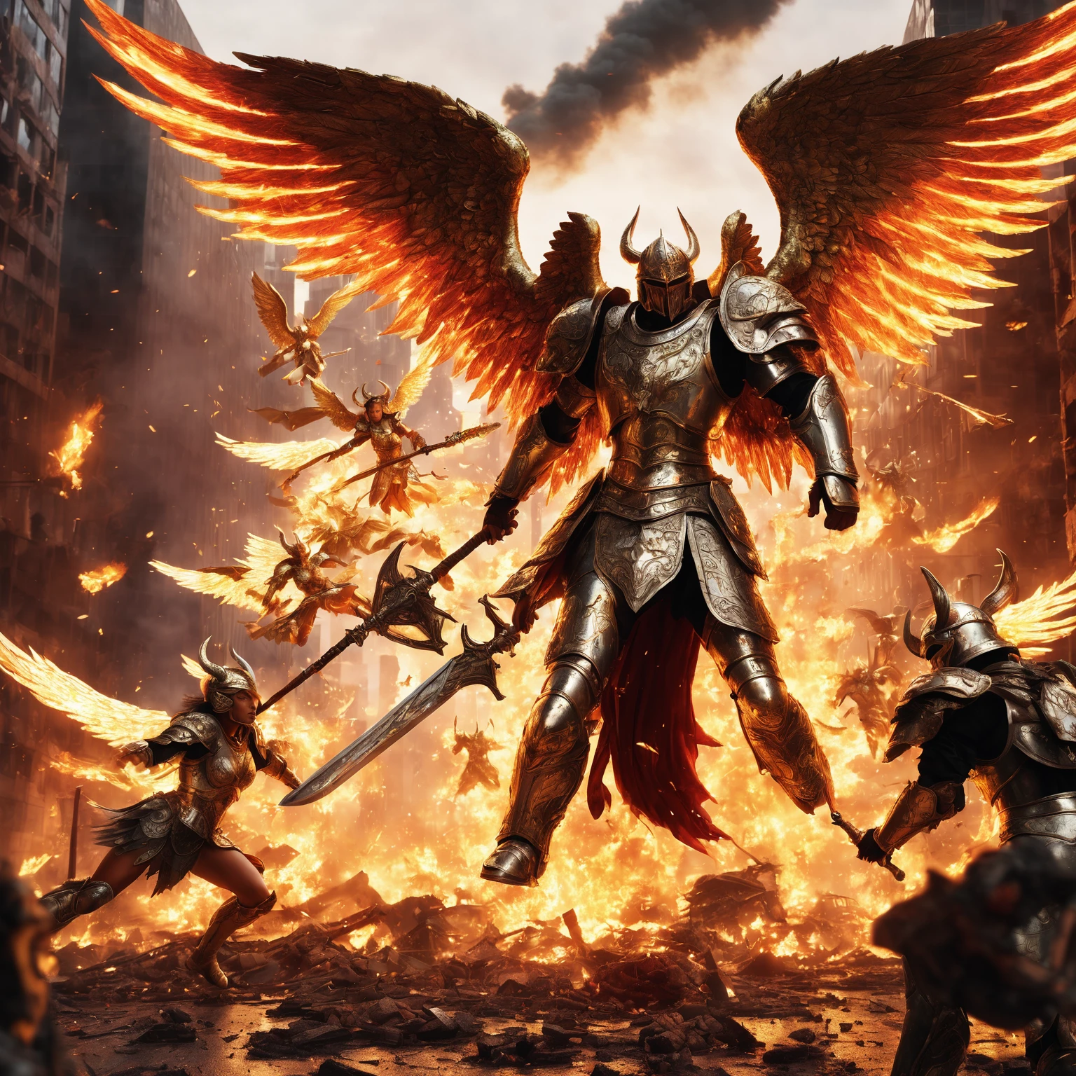 An ultra-realistic, high-resolution battle scene of female angelic and demonic warriors in an apocalyptic city. The angels, with radiant wings and golden armor, engage in fierce combat against the demons, who wield fiery weapons and dark magic (perfect facial detail: 1.7) (high-quality armor textures: 1.8). The scene should be filled with intense action, showing multiple warriors from both sides clashing in mid-air and on the ground (epic battle scale: 1.9). The background consists of a city in ruins, with collapsed skyscrapers, fire, and lava cracks spreading across the battlefield (urban destruction detail: 1.8). The lighting should highlight the contrast between the divine glow of the angels and the dark, fiery aura of the demons (realistic lighting effects: 1.9). The overall image should be extremely sharp and detailed, with realistic skin textures, hair, and armor details (ultra-realistic rendering: 8K, high-quality materials: 1.9). The environment and characters should feel immersive, with intricate details in every aspect, from the flames and debris to the glowing weapons and wings (extreme detail: 1.8) (perfect anatomy: 1.7).ImgFixerPre0.3