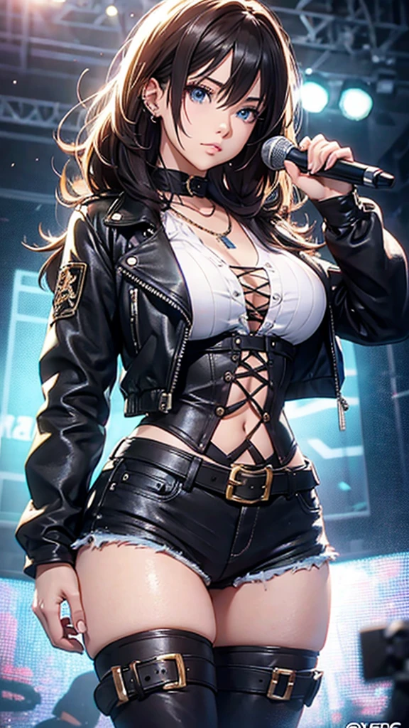 1 girl, single girl, dark skin, tanned skin, green eyes, big breasts, wide hips, black top, blue shorts, black leather boots, rocker, in a music band