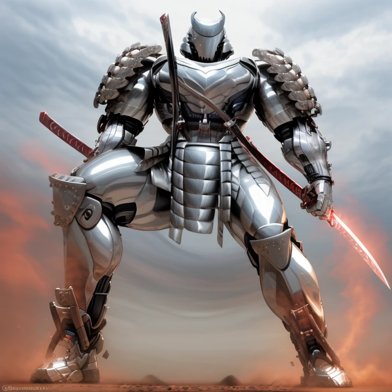 silver samurai.
- masterpiece. best quality. full body. 1boy.
- armor suit. (full armor. cyborg. science fiction. combat helmet) 
- dominating silver samurai. silver samurai is over 1000 meters long. focus GIANT silver samurai is trampling the city. Looking down. macro. stomp. Low-angle perspective. emphasizing the immense size.
- holding sword. holding katana.
- The Silver Samurai wears a very wide and long silver cloak.
- full body. No face. 
- looking at viewer. 
- GTS. macro. giant. footstomp.