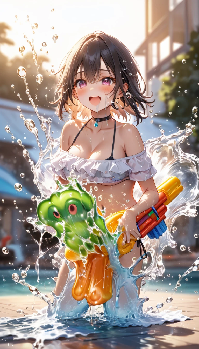 masterpiece, best quality, 8k, highres, ultra-detailed,HDR, UHD, studio lighting, ultra-fine painting, sharp focus, physically-based rendering, extreme detail description, professional, vivid colors, bokeh, portraits,BREAK,1girl,full body,off shoulder bikini, choker,((water gun, excessive splash)), ((excessive squirt:2.5)), creating splashes