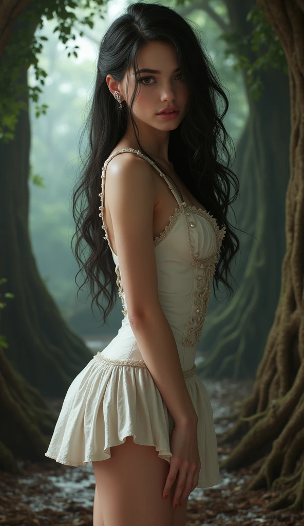 Sensual woman in the forest, translucent dress, without underwear, dark wavy hair, goddess body, small breasts with erect nipples, his hands squeezing her breasts, excited sensual expression