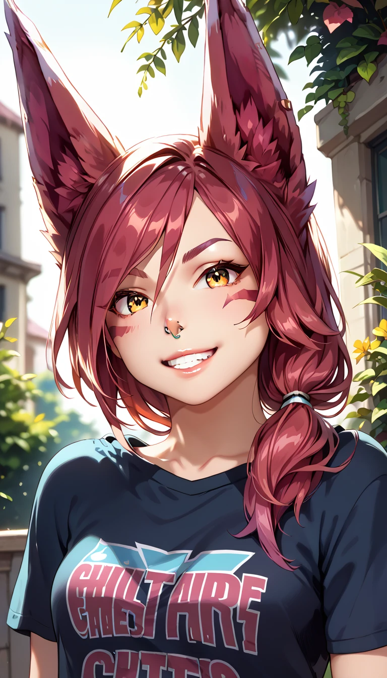 score_9, score_8_up, score_7_up, 1girl, ChiguchiMP, masterpiece, best quality, ultra high res, smiling, happy, (detailed eyes:1.2), Xayah,t-shirt,  animal ears, yellow eyes, pierced nose, casual clothes, portrait, stunning, hair over shoulder, hoodless, beautiful, 4