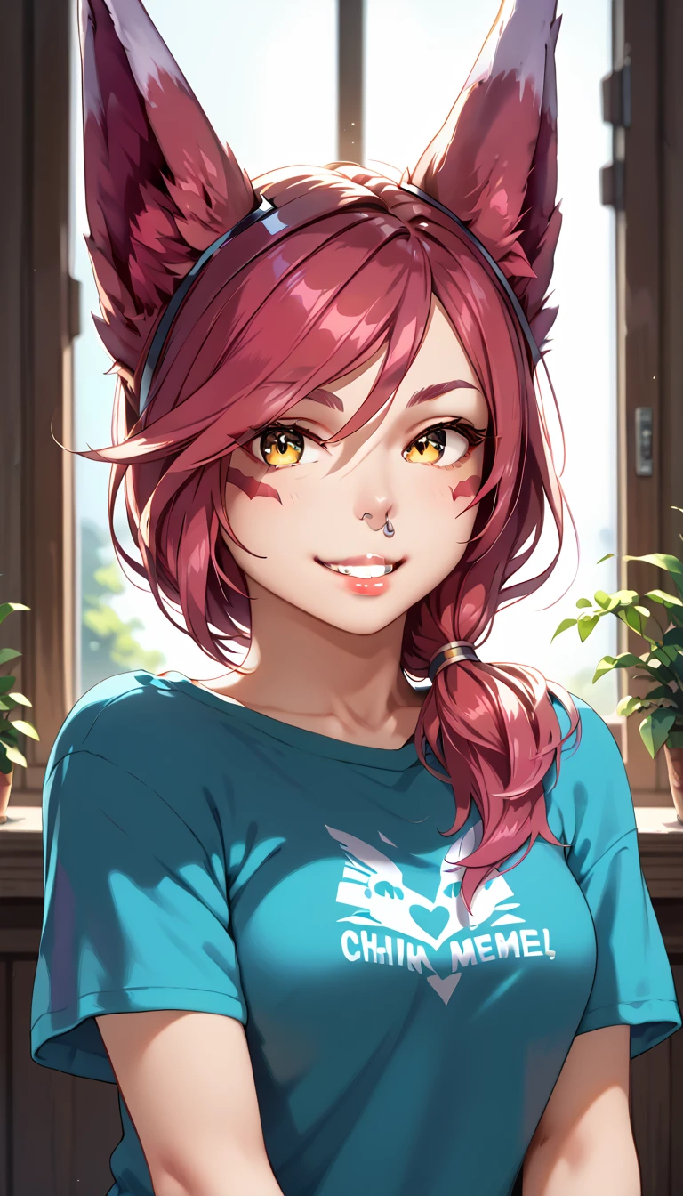 score_9, score_8_up, score_7_up, 1girl, ChiguchiMP, masterpiece, best quality, ultra high res, smiling, happy, (detailed eyes:1.2), Xayah,t-shirt,  animal ears, yellow eyes, pierced nose, casual clothes, portrait, stunning, hair over shoulder, hoodless, beautiful, 4