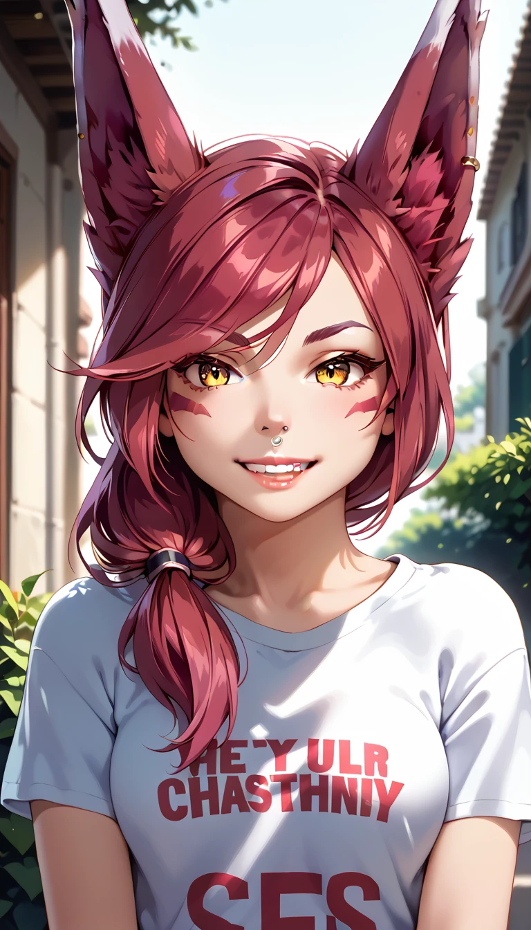 score_9, score_8_up, score_7_up, 1girl, ChiguchiMP, masterpiece, best quality, ultra high res, smiling, happy, (detailed eyes:1.2), Xayah,t-shirt,  animal ears, yellow eyes, pierced nose, casual clothes, portrait, stunning, hair over shoulder, hoodless, beautiful, 4