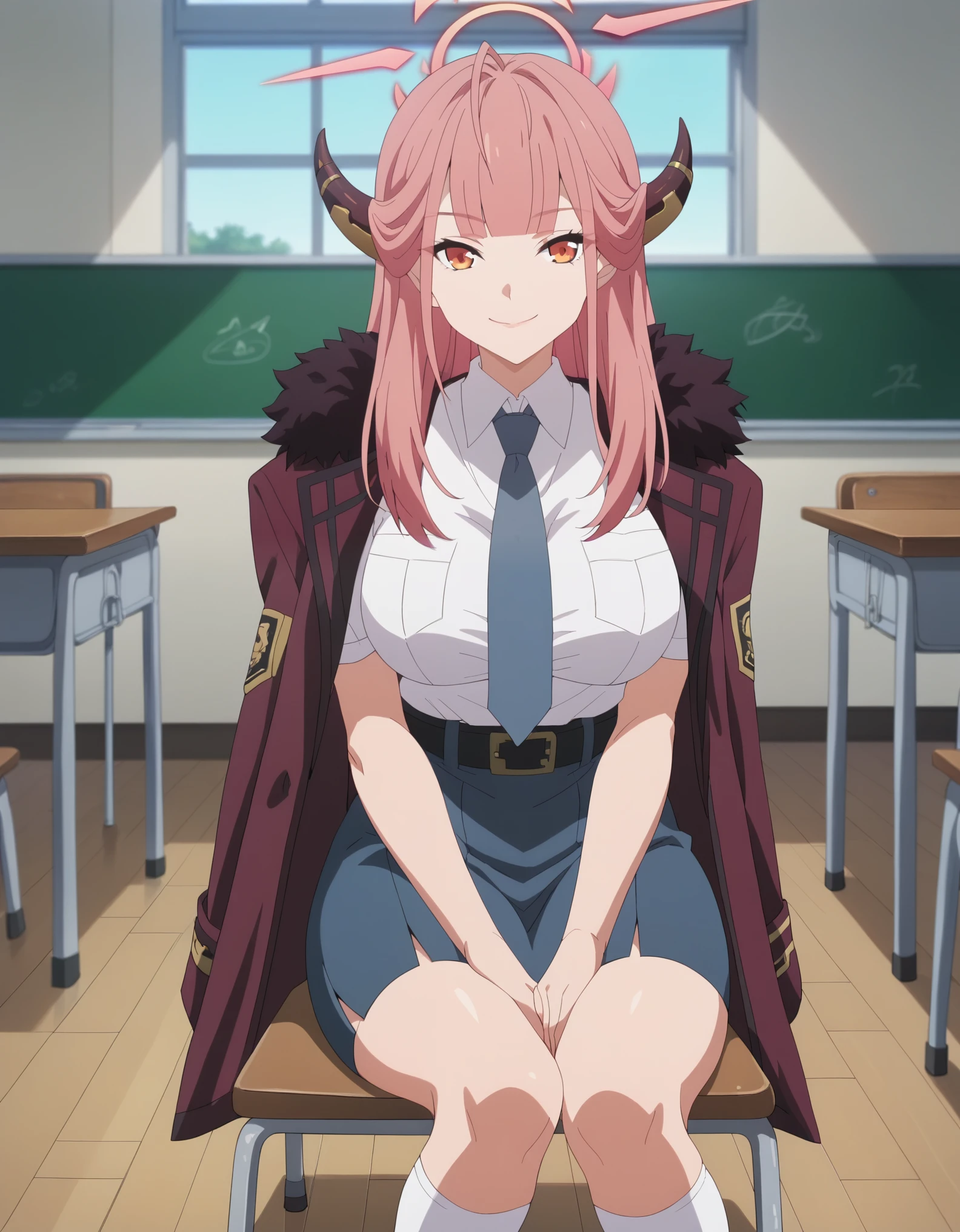 score_9, score_8_up, score_7_up, solo,1girl,aru, halo, horns, long hair, orange eyes, pink hair, bangs, blunt bangs, large breasts, coat, tucked in sma shirt, sma necktie, sma belt, sma skirt, sma shirt, sma skirt, inside classroom, windows, chair, tables thighs, looking at viewer, smile, sunligth, sit on chair, socks, hands between thighs, anime screencrap, dutch shot