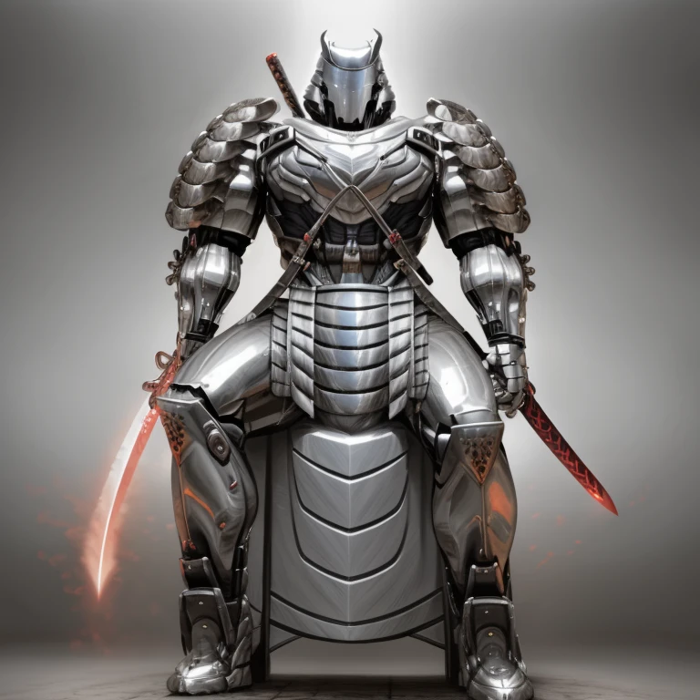 silver samurai.
- masterpiece, best quality, full body, 1boy.
- armor suit, (full armor, cyborg, science fiction, combat helmet) 
- dominating silver samurai. silver samurai is over 1000 meters long. macro. stomp. Low-angle perspective. emphasizing the immense size.
-  Sitting on a silver mechanical throne.
- The Silver Samurai wears a very wide and long silver cloak.
- full body, No face, 
- looking at viewer, 
- a close up of a silver samurai with a sword in a city, covered in full metal armor, armored warrior, armored samurai, 
- GTS, macro, giant. footstomp.