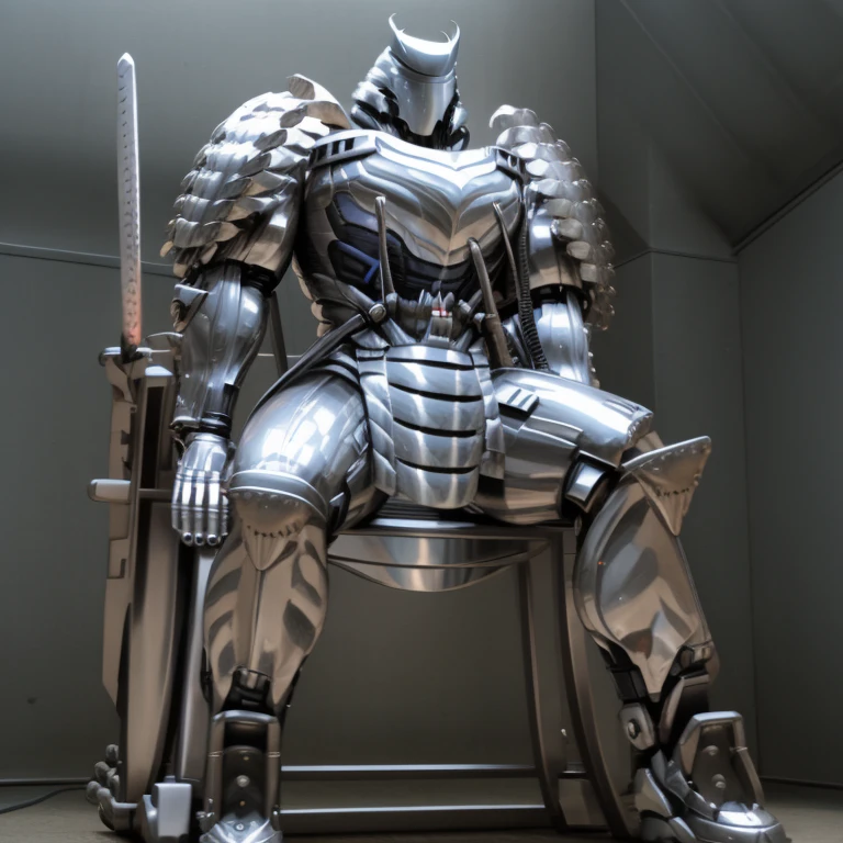 silver samurai.
- masterpiece, best quality, full body, 1boy.
- armor suit, (full armor, cyborg, science fiction, combat helmet) 
- dominating silver samurai. silver samurai is over 1000 meters long. macro. stomp. Low-angle perspective. emphasizing the immense size.
-  Sitting on a silver mechanical throne.
- The Silver Samurai wears a very wide and long silver cloak.
- full body, No face, 
- looking at viewer, 
- a close up of a silver samurai with a sword in a city, covered in full metal armor, armored warrior, armored samurai, 
- GTS, macro, giant. footstomp.