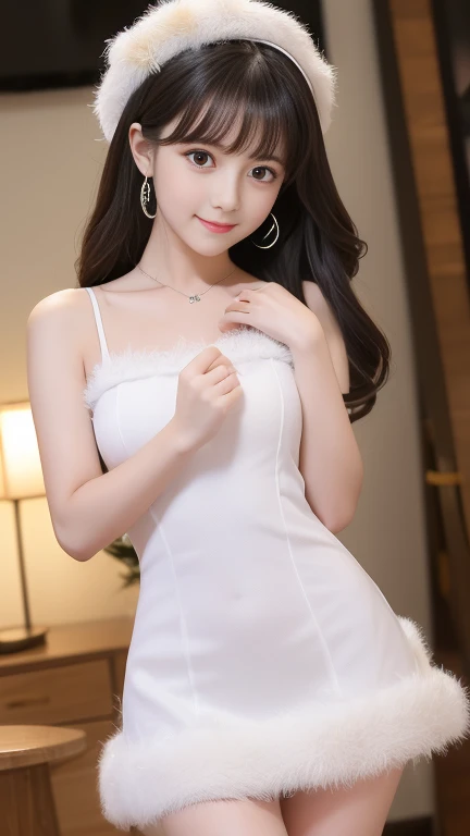 highest quality、8k Masterpiece、super A high resolution、(Photorealistic:1.3)、RAW Photos、1 girl、black hair、extremely detailed Glowing Skin、1. Super-beautiful Cyberpunk Soldiers、((Ultra-Realistic Details))、Portrait、Global Illumination、Shadow、Octane Rendering、8k、Super sharp、Beautiful breastetal、Cold colors、Very intricate details、Realistic Light、CGSoation Trend、Beautiful Eyes、Shining Eyes、To the camera、Neon Details、16 age、Very long Hair、inwardly curled hair、Too beautiful face、Intelligence、Obscene、wide shot、full body、Silver charm on the ankle、sexy、smile、Healthy Body、Erotic、extremely detailed Elegance、 wearing silvery white dress, (Flirtingly lifting her dress to show her panties:1.3), neon city at night