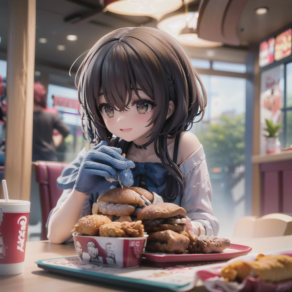 Best Quality, Masterpiece, ultra high resolution, (photorealistic: 1.4), raw photo, 1 girl eating, restaurant, cinematic lighting, can&#39;t stop eating, Stomach swollen, full