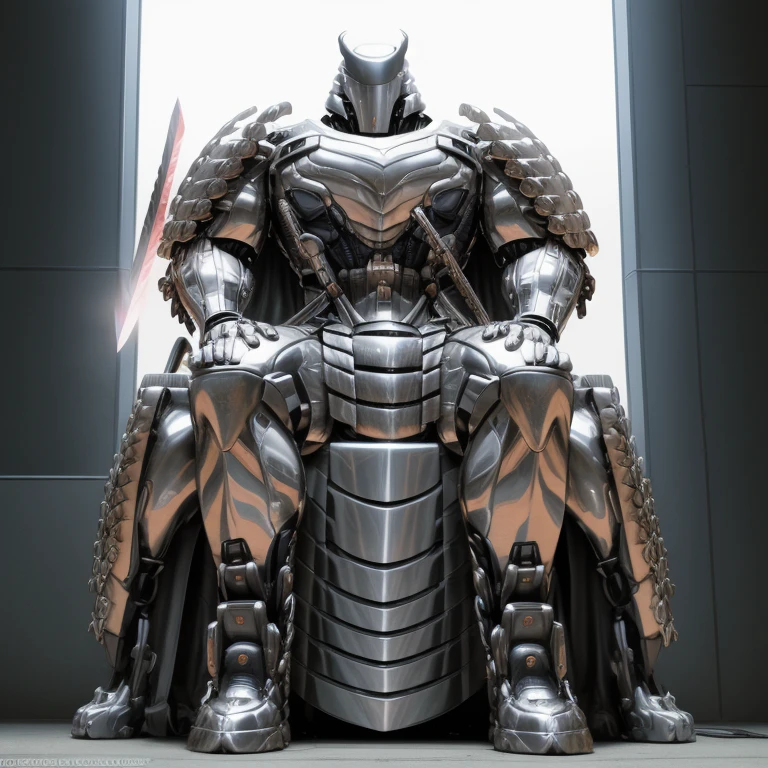 silver samurai.
- masterpiece, best quality, full body, 1boy.
- armor suit, (full armor, cyborg, science fiction, combat helmet) 
- dominating silver samurai. silver samurai is over 1000 meters long. macro. stomp. Low-angle perspective. emphasizing the immense size.
-  Sitting on a silver mechanical throne. The Silver Samurai looks majestic as he sits on his silver mechanical throne.
- The Silver Samurai wears a very wide and long silver cloak.
- full body, No face, 
- looking at viewer, 
- a close up of a silver samurai with a sword in a city, covered in full metal armor, armored warrior, armored samurai, 
- GTS, macro, giant. footstomp.