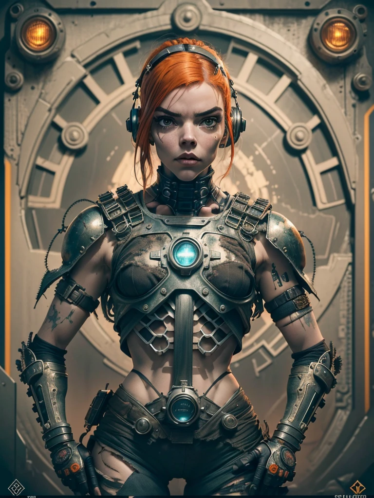 (((mulher))), (((melhor qualidade))), (((obra prima))), (((adulto))), A highly detailed and realistic skull girl,( Anya. Taylor Joy) cyberpunk character, mad max furiosa, one hand robot, cyborg arm, orange hair, dramatic metal heavy rock theme, best quality, 8k, hyperrealistic, photorealistic, extreme detailed painting, studio lighting, vivid colors, dark moody atmosphere, cinematic, dramatic pose, intricate mechanical details, glowing energy effects, intense gritty textures, seamless integration of organic and inorganic elements. Wearing the used clothes of a wastelander. Background: An apocalyptic wasteland. Dusty and depressing.
