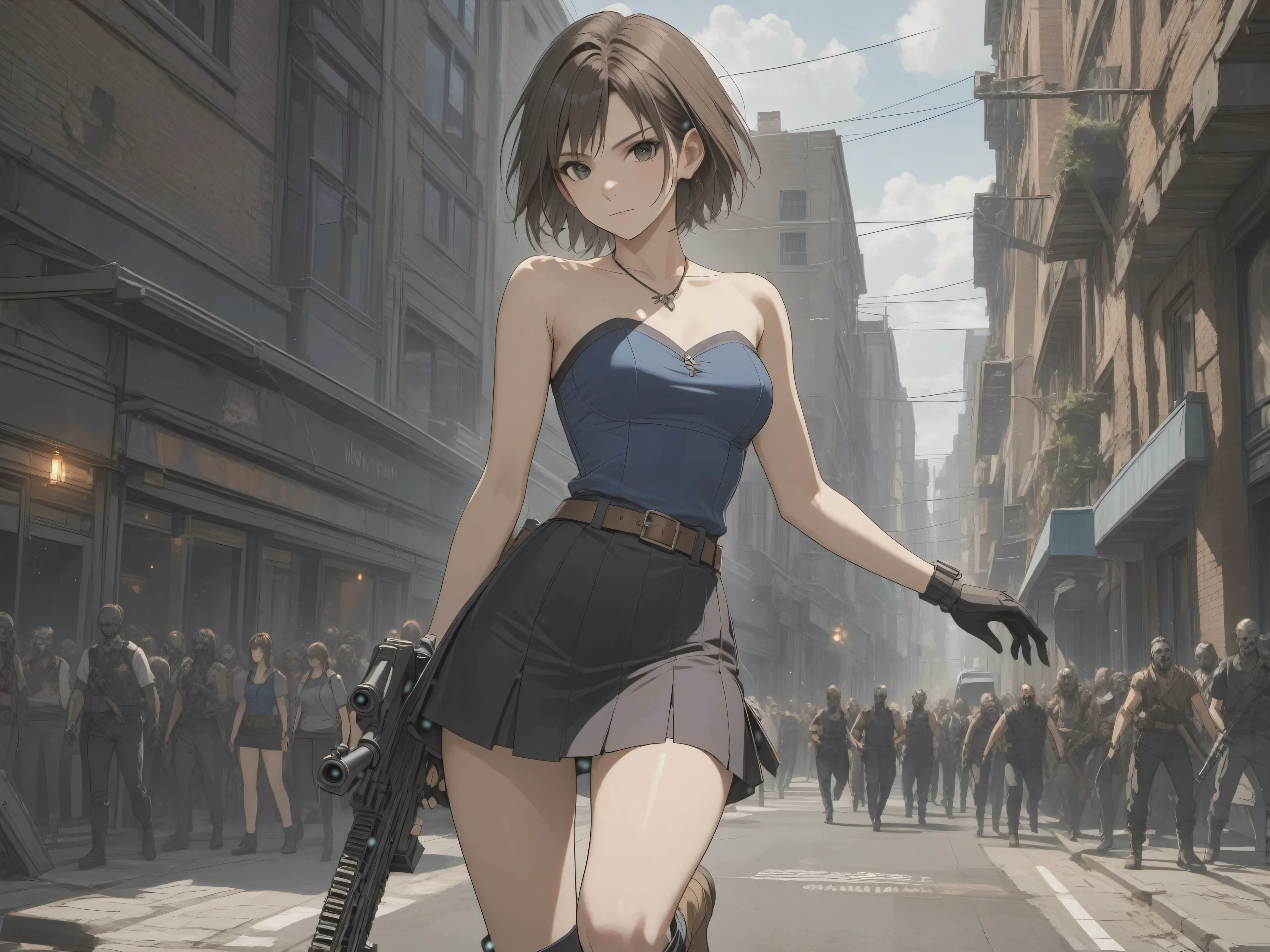 (((Adult woman)): (small black skirt, strapless blue top, Black eyes, showing the whole body, brown skin, ((Black short hair)), High heel Beige boots. Closed mouth)); full body shot, Runing in street, apocalipse background. High quality. 4k, 8k, many details. Masterpiece, accurate, anatomically correct, posing, detailed background, better quality, original work Focus on details, Jill Valentine, Undead people around, Front view, nightmare, machinegun, no zombie guns