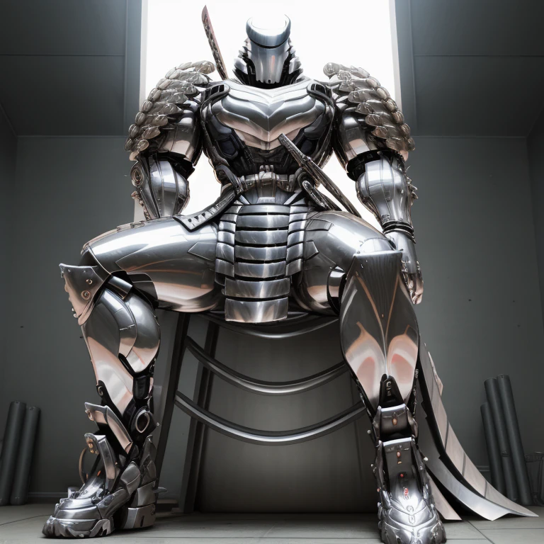 silver samurai.
- masterpiece, best quality, full body, 1boy.
- armor suit, (full armor, cyborg, science fiction, combat helmet) 
- dominating silver samurai. silver samurai is over 1000 meters long. macro. stomp. Low-angle perspective. emphasizing the immense size.
-  Sitting on a silver mechanical throne. The Silver Samurai looks majestic as he sits on his silver mechanical throne.
- The Silver Samurai wears a very wide and long silver cloak. The throne has a backrest.
- full body, No face, 
- looking at viewer, 
- a close up of a silver samurai with a sword in a city, covered in full metal armor, armored warrior, armored samurai, 
- GTS, macro, giant. footstomp.