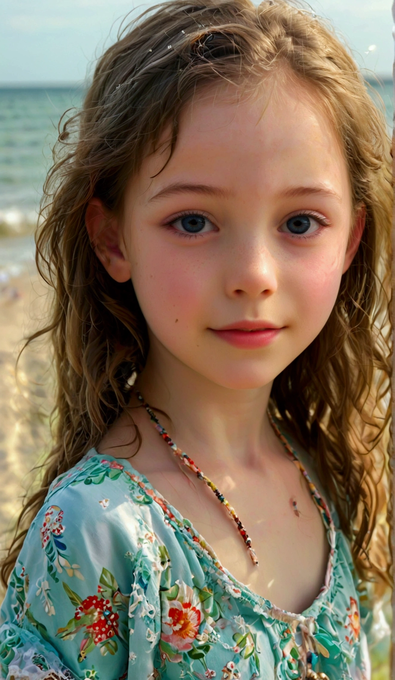 Prettiest, cutest, ((preteen)) sweet girl on the beach, age 7, pale skin, juveniles ((pre teen)) physique, charming adolescents ((preteen)), cute attire