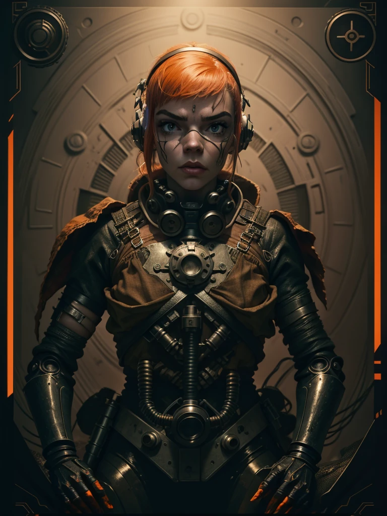 (((mulher))), (((melhor qualidade))), (((obra prima))), (((adulto))), A highly detailed and realistic skull girl,( Anya. Taylor Joy) cyberpunk character, mad max furiosa, one hand robot, cyborg arm, orange hair, dramatic metal heavy rock theme, best quality, 8k, hyperrealistic, photorealistic, extreme detailed painting, studio lighting, vivid colors, dark moody atmosphere, cinematic, dramatic pose, intricate mechanical details, glowing energy effects, intense gritty textures, seamless integration of organic and inorganic elements. Wearing the used clothes of a wastelander. Background: An apocalyptic wasteland. Dusty and depressing.
